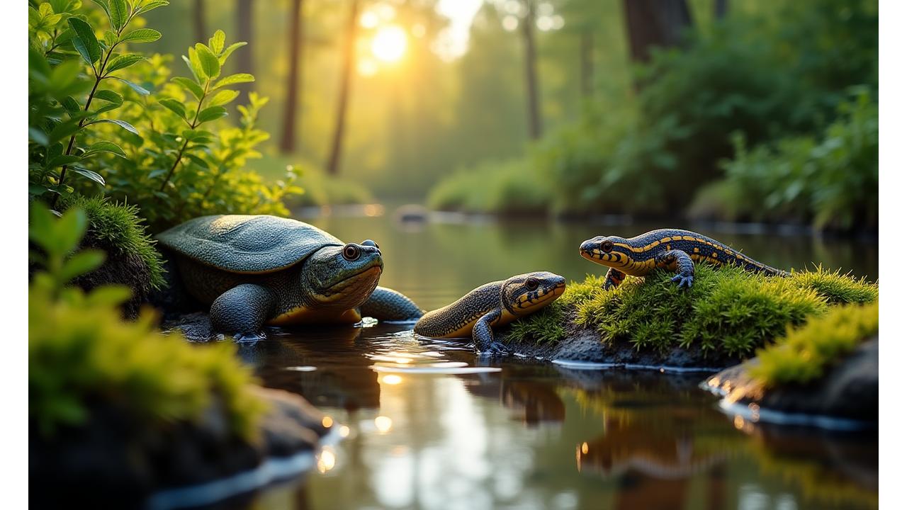 Diverse collection of Canadian reptiles, including a northern map turtle, a garter snake, and a five-lined skink, in a lush natural habitat