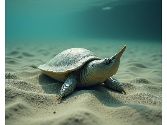 A Spiny Softshell Turtle with its distinctive flat, leathery shell and long snouted head poking out of sandy river bottom.