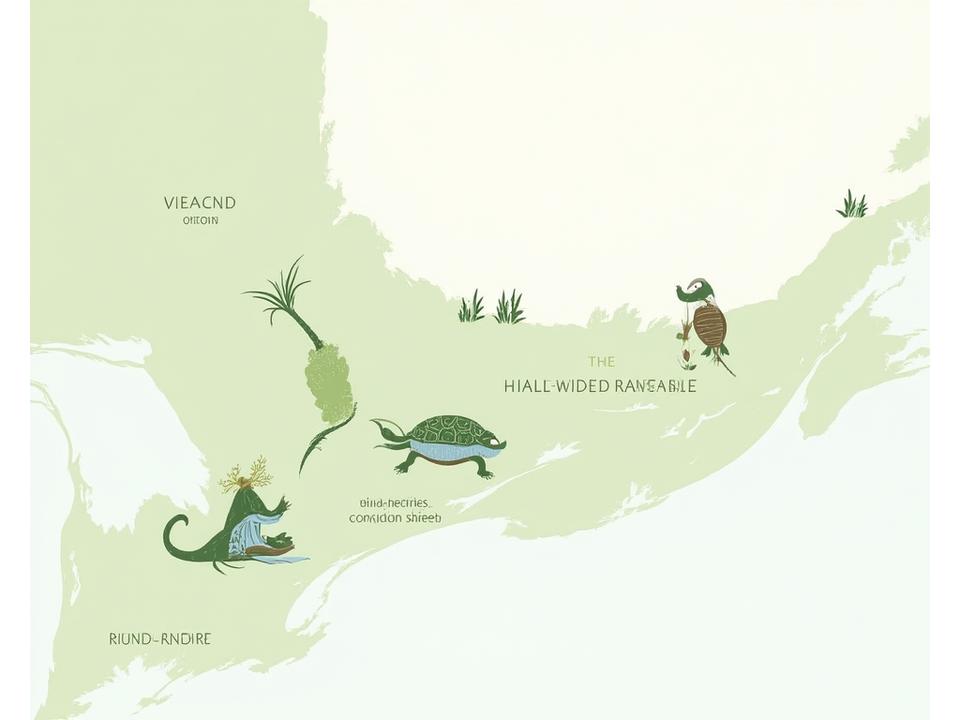 Stylized map of Southern Ontario highlighting key reptile habitats such as wetlands near Lake Erie, forests along the Niagara Escarpment, and granite outcrops across the Canadian Shield. Diverse icons represent different species found in each region.
