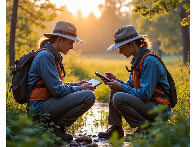 Naturalists collecting data in a wetland using field equipment