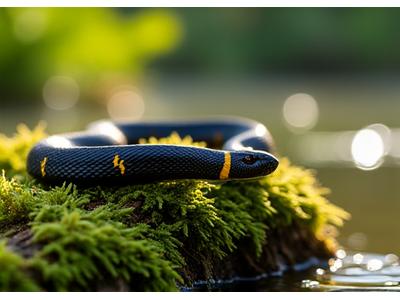 Eastern Ribbonsnake, a slender black snake with three bright yellow stripes, basking on a log.