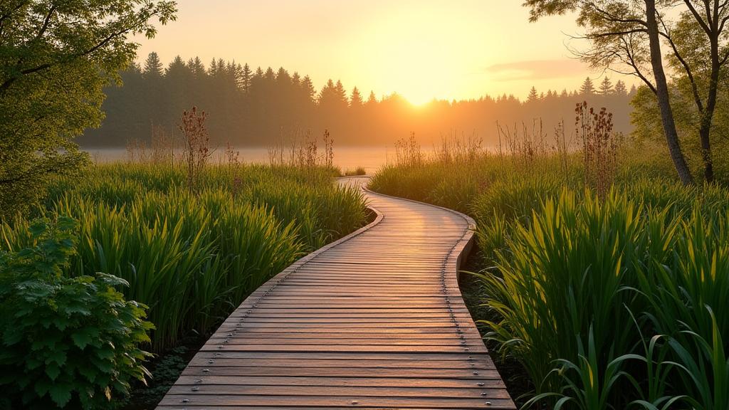 A wooden boardwalk winding through a lush, vibrant wetland, symbolizing responsible access and habitat protection.