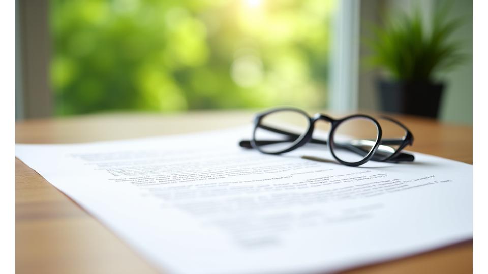 Image of a legal document with a pen and glasses, symbolizing the Terms of Service Agreement of Terra Nova Scales with a subtle hint of nature in the background.
