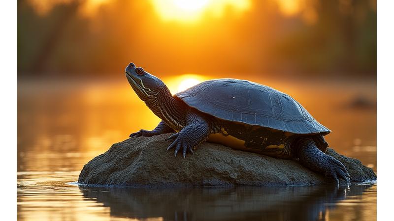 A large Snapping Turtle basking on a sun-drenched rock, with heat haze visible above it.