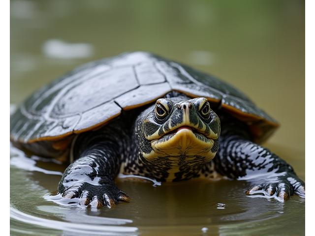 A Snapping Turtle exhibiting a territorial display, mouth slightly open, in shallow water.