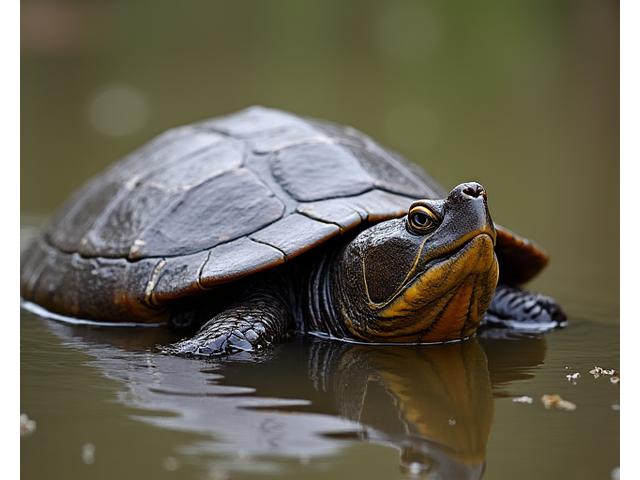A large Snapping Turtle partially submerged in murky water, its ancient appearance and powerful jaw visible.